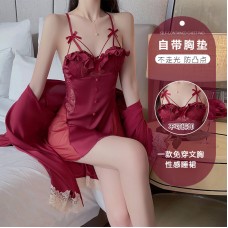 Guiruo Satin Combination Yarn Perspective Lace and Chest Cushion Low Chest Gathering Sleeping Dress Outer Robe Women's Home Furnishing Set 2227