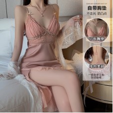 Guiruo Sexy Backless Temptation with Chest Pads Gathered Strap Sleeping Dress Pure Desire Mesh Outer Robe Home Suit Set 3372