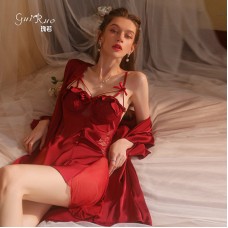 Guiruo French style pure lust style pajamas with gathered chest pads, solid color suspender skirt, outer robe, comfortable home clothing set 2227