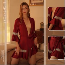 Guiruo Spring and Summer New European and American Women's Imitation Silk Splice Lace Ruffle Lace Lace Sleeping Robe Bathrobe Home Suit 878