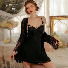 Guiruo Sexy Deep V with Chest Cushion Steel Ring Gathering Perspective Lace Temptation Sleeping Dress Outer Robe Home Suit Set 2679