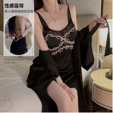 Guiruo Solid Satin Contrast Jacquard Lace and Chest Cushion Sexy Backless Nightgown Outrobe Home Suit Set 1187