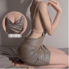 Guiruo Sexy Deep V Open Back Hot Metal Chain Nightclub Slim Fit Slim Strap Wrap Hip Skirt Home Suit Set 1223