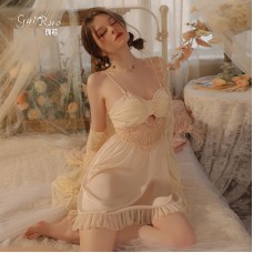 Ruo Ruo Satin Sexy Lace Hollow Temptation with Chest Cushion Suspender Sleeping Dress Simple Outrobe Home Set J3182