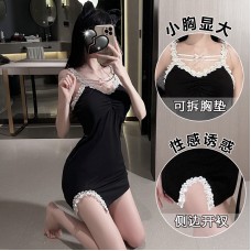 Guiruo Sexy Deep V with Chest Pads, Lace High Split Open Back, Seductive Women's Suspender, Sleeping Dress, Home Suit Set 1305