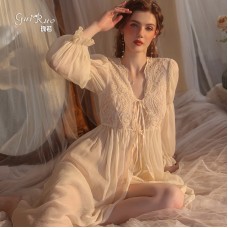 Guiruo Summer Brand Sexy Attraction Perspective Charm Lace up Palace Style Robe Solid Color Women's Home Set 2157