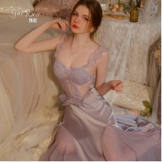 Guiruo Sexy Backless and Chest Cushion Perspective Lace Combination Yarn Seduction Sling Sleeping Dress Outer Robe Home Suit Set 3382