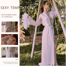 Guiruo brand's simulated silk stitching mesh feather cuffs with three-dimensional embroidery lace up long nightgown and home clothing 1000