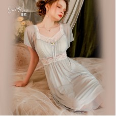 Guiruo Nightwear Sweetly Tied Bowknot Chest Pad Can Be Outworn with Pure Desire Wind Mesh Nightwear Dress Home Suit Set 2534