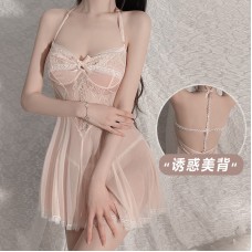 Guiruo Fun Underwear Sexy Mesh Perspective Bow Tie Lace Backless Temptation Sling Dress Uniform Set 2272