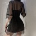 Guiruo Fun Lingerie Sexy Mesh Perspective Attractive Solid Low Chest Suspended Sleeping Dress Lace Up Outer Robe Set 525