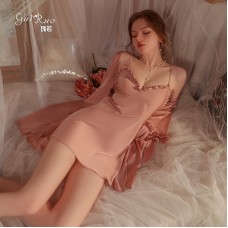 Guiruo High grade satin pajamas, suspender pajamas, female tie up outer robe, ice silk sweet home clothing set, issued on behalf of 2199