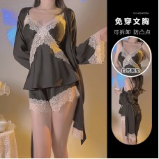 Guiruosi Smooth Satin Lace and Chest Cushion Sexy Suspender Top Shorts Lazy Outer Robe Women's Home Suit Set