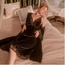 Qiruo Brand Autumn and Winter Velvet Lace Sexy Deep V Chest Cushion Suspender Sleeping Dress Women's French Home Fur Set J2823