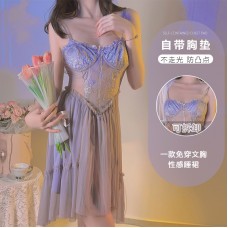 Guiruo Sexy Backless Perspective Lace and Chest Cushion Low Breast Temptation Mesh Sleeping Dress Outer Robe Home Set J3302