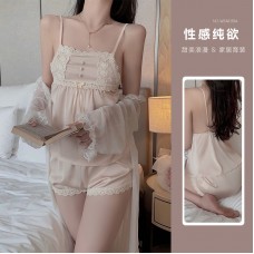 Guiruo Pure Desire Sexy Lace Splice Ice Strap Sleepwear Shorts Mesh Outer Robe Women's Home Fur Set 3486