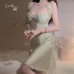 Guiruo Satin Lace V-Neck Gathered with Chest Cushion Lace Strap Cross Back Sleeping Dress Outer Robe Home Suit Set J3336