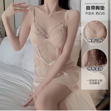 Guiruo Satin Deep V with Chest Cushion Pearl Chain Decoration Sexy Backless Lace up Temptation Flying Sleeves Home Sleeping Dress J3305