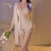 Guiruo Lingerie Sexy Deep V Plus Chest Pads Sweet Lace Satin Top, Shorts, Outer Robe, Women's Homewear Set