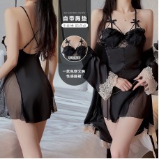 Guiruo Sexy Backless Temptation Large Size with Chest Pads Gathered Strap Sleeping Dress Outer Robe Women's Home Furnishing Set 2227