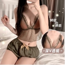 Rose Like Spring and Summer Fun Lingerie Sexy and Attractive Perspective Light and Thin Mesh Suspender Shorts Home Suit Set 19991