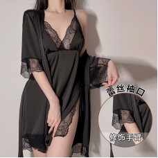 Guiruo Sexy Satin Lace Lace Pajamas Sexy Deep V Sling Pajama Dress Pajama Bathrobe Home Suit Set 245