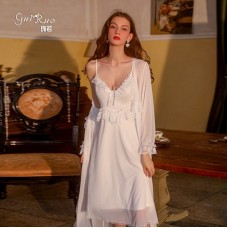 Guiruo Sexy Lace Nightgown Outer Robe Women's Strap Summer Ice Silk Backless Comfortable and Cool Home Suit Set 2070