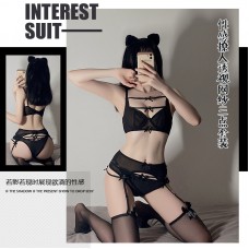 Guiruo Fun Underwear Sexy Deep V Dew Breast Attraction Bowknot Three Point Hot garter Belt Uniform Set 1171