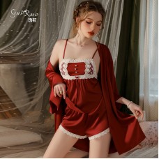 Guiruo Summer Satin Embroidery Lace Square Neck Pocket Style Suspender Shorts Sweet Outer Robe Home Suit Set 3486