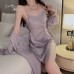 Guiruo Satin Lace Perspective Sexy Split with Chest Cushion Suspender Sleeping Dress Outrobe Women's Home Furnishing Set 3156