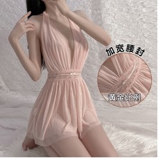 Guiruo Fun Underwear Deep V Open Front Sexy Open Back Perspective Mesh Skirt Hanging Neck Sleeping Dress Home Suit 630