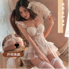 Guiruo Fun Lingerie Sexy Chest Pads Gather Pajama Steel Ring Open Stop Peel Free Perspective Vest Uniform Set 1738