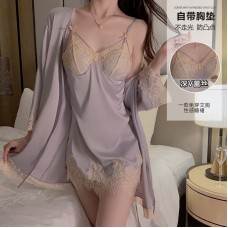 Guiruo High Grade Sexy Plus Chest Cushion Gather Sleeping Skirt Open Back Temptation Sleepwear Outer Robe Women's Home Furnishing Set 1048