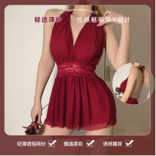 Guiruo Deep V Pleated Open Back Design Perspective Double Layer Mesh Skirt Sexy Hanging Neck Sleeping Dress Home Suit 630