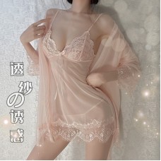 Guiruo Fun Lingerie Sexy Solid Lace Strap Dress Mesh Perspective Lace Up Outer Robe Home Suit Set 525