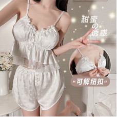 Ruo Ruo Sexy Temptation Lace Pok Dot Private Room with Chest Cushion Suspender Top Casual Shorts Home Suit Set 2242