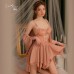 Guiruo Sexy Low Chest Wave Edge with Chest Pads, Transparent Lace Waist, Slim Satin Sleeping Dress, Outer Robe, Home Suit 3299