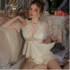 Guiruo Summer New Satin Sweet Nightwear Short Sleeve Nightwear Shorts Two Piece Women's Home Furnishing Set 3571