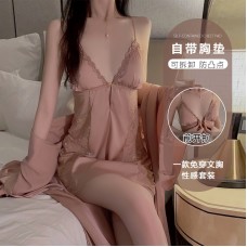 Guiruo Sexy Lace Pajamas with Chest Pads Gathered Open Back Large Suspended Sleeping Dress Outer Robe Home Suit Set 1690