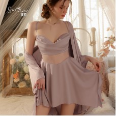 Guiruo French Irregular Hemline Pajamas Sexy Perspective Temptation Sling Pajama Dress Outer Robe Home Suit Set 3254