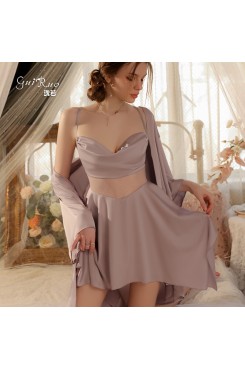 Guiruo French Irregular Hemline Pajamas Sexy Perspective Temptation Sling Pajama Dress Outer Robe Home Suit Set 3254