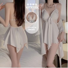 Guiruo Sexy Backless Ice Silk Pajamas Butterfly Strap Pajamas Simple and Comfortable Outer Robe Home Suit Set P3945