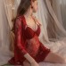 Guiruo Sexy Deep V Temptation Pajamas Sweet Lace Hot Strap Sleeping Dress Lace up Outer Robe Women's Home Fury Set