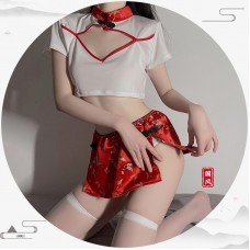 Guiruo Fun Lingerie Women's Sexy Hollow out Temptation Hot Split Qipao Role Playing Uniform Set 19001