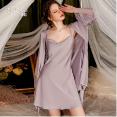 Guiruo Spring and Summer New Sweet Girl Private Nightwear Ice Silk Comfortable Sling Sleeping Dress Outer Robe Home Set 1477