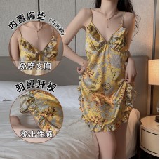 Guiruo Sexy Deep V with Chest Cushion Satin Fresh Fragmented Flower Side Slits Tempting Women's Strap Home Sleeping Dress 3763