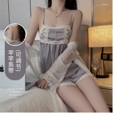 Guiruo French style private room sexy pure desire thin style suspender pajamas shorts mesh outer robe women's home clothing set 3486