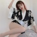 Guiruo Fun Lingerie Women's Sexy Deep V Lace Waistband Printed Chiffon Kimono Role Playing Uniform Set 693