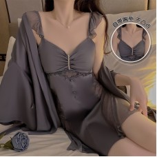 Guiruo satin patchwork lace sheer sexy backless and padded pajama gown women's home set J3123