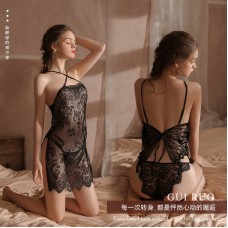 Guiruo New Fun Underwear with Butterfly Embroidery on the Back, Sexy Lace Eyelash Lace Up Sleeping Dress Set 1084